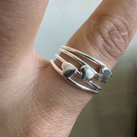 Sterling Silver 925 Triple Band Ring with Three Hearts - Picture 4 of 6